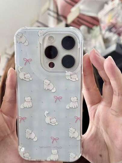1ชิ้น เคสโทรศัพท์ลายสก๊อตสีฟ้าอ่อนลายแมวน่ารักสีขาว, ใช้ได้กับ IPhone 11 12 13 14 15 16 17 Pro Max Series