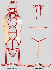 2 piezas Conjunto de Disfraz de Enfermera Sexy, incluye Mono Transparente, Gorro de Enfermera y Mono con Cadena Metálica Hueca, Adecuado para Juego de Roles, Día de San Valentín, Ocasiones Especiales - Rojo - Ver 3