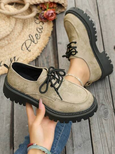 Women's Retro Faux Suede Platform Lace-Up Casual Shoes, Thick Serrated Sole, Increase Height, Outdoor Street Style Loafers