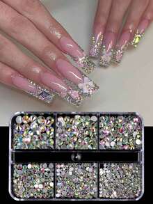 6 Grids Kit Nail Decoration Mix Size Nail Rhinestone Flatback Rhinestone Glue Strass Diy Bling Stickers Skin Non Hotfix Crystals Nails Nail Supplies Nails Nail Charms Nail Gems - Multicolor - View 1