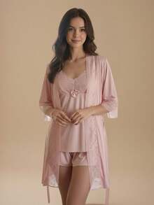 ROBE Luxo Romantic e Renda Roupão Confortável linha Noite Noiva e Maternidade. - Rosa Bebê - Visão 2