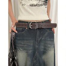1pc Women's Coffee-Colored PU Leather Punk Style Double Row Rivet Decor Belt Versatile Accessory Summer School Fall Autumn Halloween - Coffee Brown - View 3