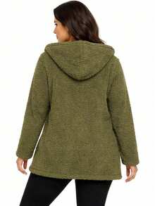 Women's Teddy Animal Print Hooded Jacket – Leopard Style With Fur Pockets - Everyday Wear - 軍綠色 - 查看 2