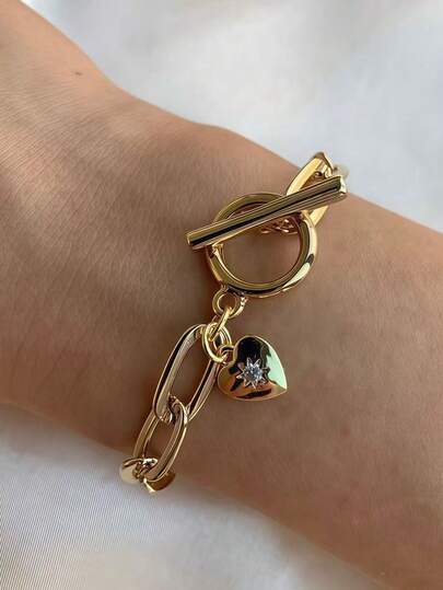 1pc Minimalist Cubic Zirconia Heart Pendant OT Clasp Bracelet, Suitable For Women's Daily, Date, Party Matching