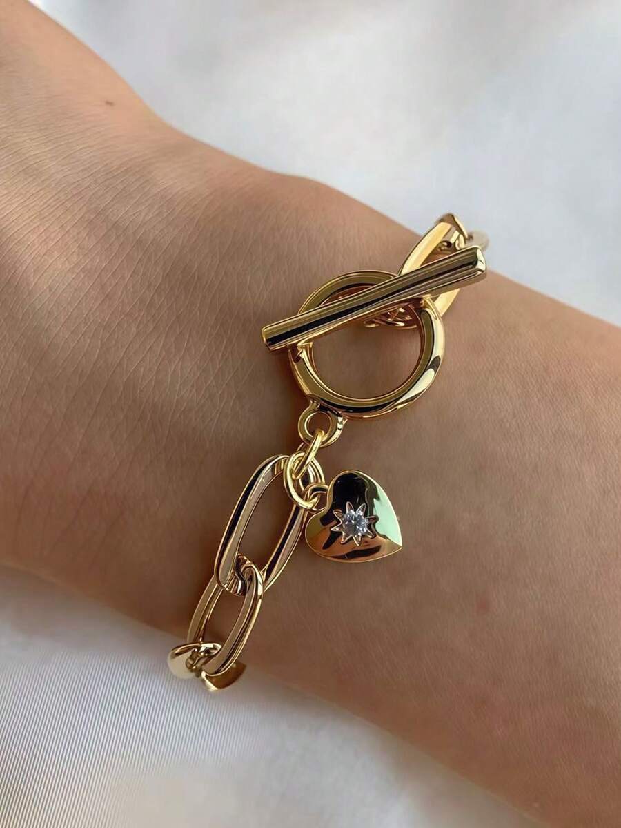 1件简约立方氧化锆心形吊坠OT扣手链，适合女性日常、约会、派对搭配 - 金黃色 - 查看 1