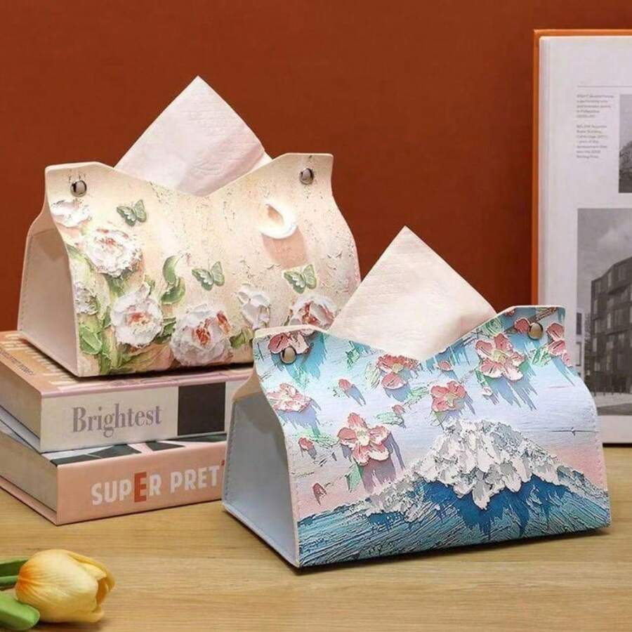 2 piezas Cubierta de caja de pañuelos de cuero sintético de alta gama (adecuada para sala de estar, mesa de comedor, soporte de pañuelos para el salpicadero del coche), con diseño de tulipanes de colores múltiples, fácil de rellenar por la ranura inferior, durable y fácil de limpiar, caja de pañuelos decorativa esencial para la decoración del hogar | Adecuada para la renovación del hogar de verano, regalo de inauguración de la casa, Día de la Madre, regreso a la escuela en la residencia, uso en la sala de estar y el baño