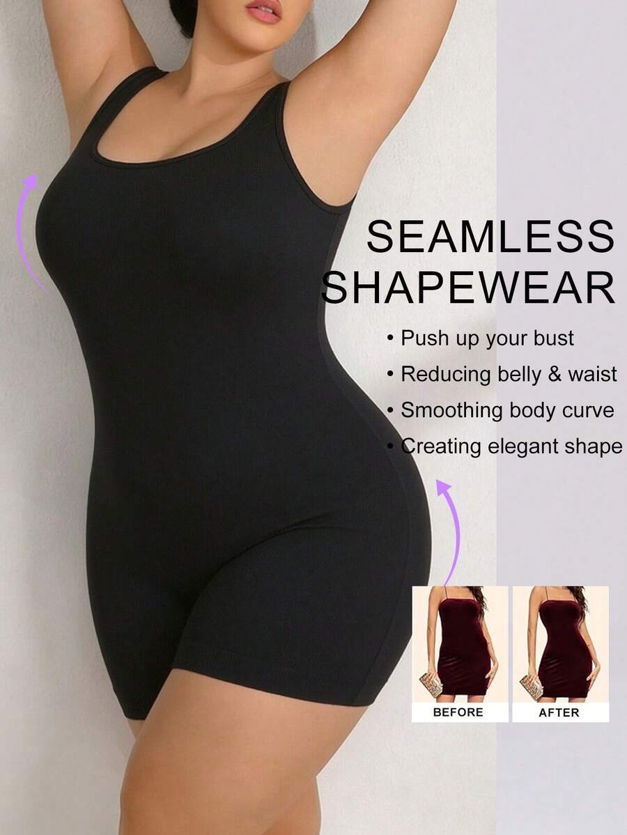 Plus Size High-Elastic Bodysuit: Women's Seamless Hip Lifting Shapewear | Tummy Control, Posture Support For Workout & Casual - màu đen - Xem 1