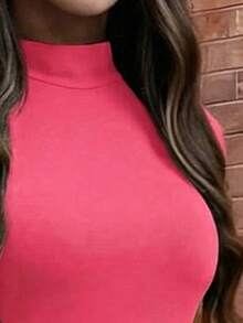 Gaun Maxi Bodycon Wanita EARO Warna Polos Musim Semi/Panas, Kerah Tegak, Lengan Pendek, Detail Kerut, dan Belahan Tinggi, Gaun Pesta Pink Elegan - Berwarna merah muda - View 4