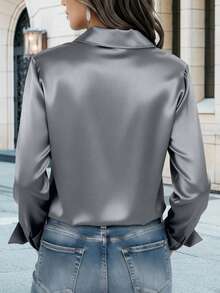 Plus Size Satin Long Sleeve Button-Front Solid Blouse, Elegant Office Wear Spring - Grey - View 3