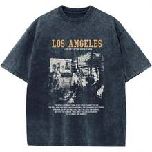 Oversized Graphic Tshirts For Men Acid Wash Los Angeles Vintage Tees Streetwear Baggy Cotton Shirts Casual Topssummer Outfits For Women - 牛仔藍 - 查看 11