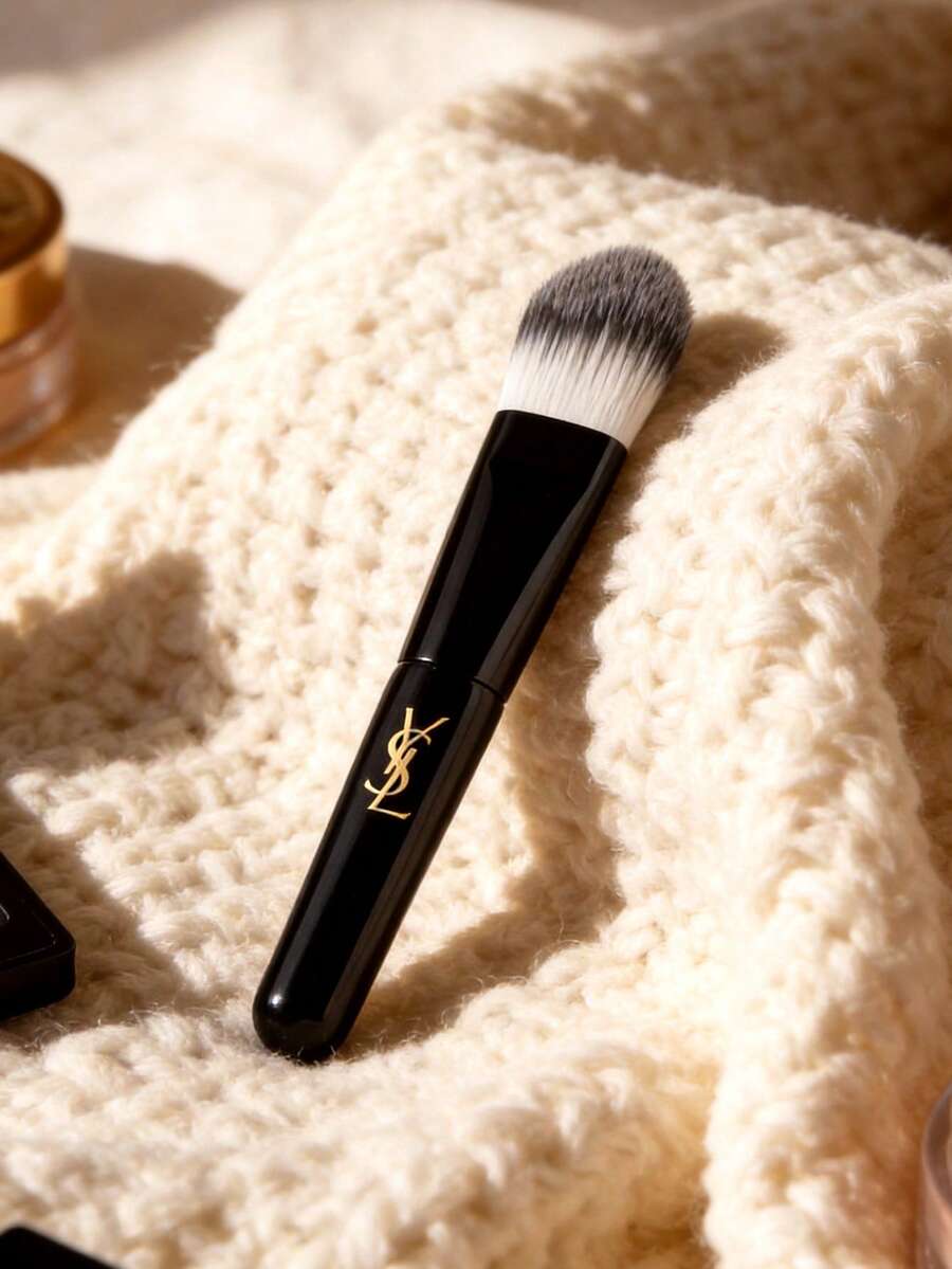Yves Saint Laurent Cọ tán kem nền cán đen, logo vàng, lông cọ màu xám trắng chuyển sắc. - màu đen - Xem 1