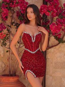 ADYCE Vestido longo curto e elegante com decote em V, cintura alta, fenda e amarração, bordado com lantejoulas e strass. Ideal para bailes, festas de aniversário, jantares formais, formaturas, casamentos, coquetéis, reuniões familiares e muito mais. - Vermelho - Ver 7