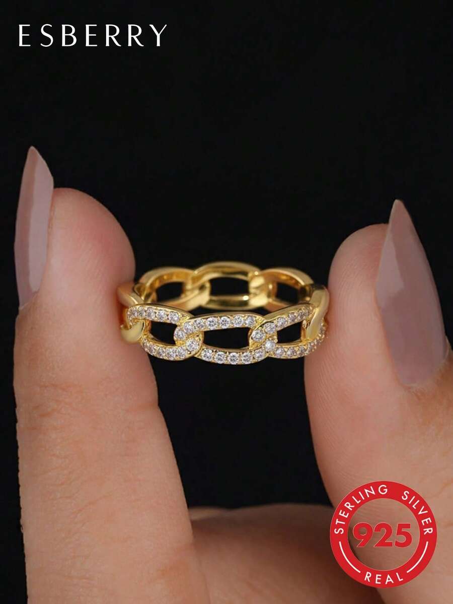 1 pieza Anillo de plata de ley 925 con circonita micro-incrustada, clásico y elegante, exquisito y único, perfecto para que las damas asistan a fiestas y bailes, también un regalo de aniversario ideal para la novia - Anillo de hebilla con micropavé - Ver 1