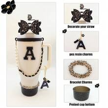 Stanley Cup Accessories Set For 40oz & 30oz Tumbler With Handle,Including Straw Topper,Boot,Water Bottle Handle Strap,Straw Bow Decorate,Bracelets,Letter Charm,Initials Sticker,Cup Ring(Black I) - Đen-Tôi - Xem 4
