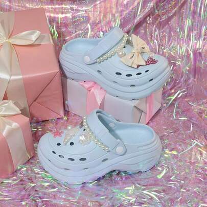 时尚仿珍珠蝴蝶结镂空EVA拖鞋 女士夏季新款防滑软底半截拖鞋 护士工作户外沙滩凉鞋 平底防滑手术室露趾拖鞋