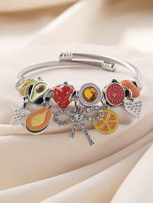 1件优雅油画蝴蝶结吊坠，草莓牛油果串珠不锈钢手链，西瓜菠萝可爱水果DIY手链，适合女性日常、约会、派对佩戴 - 彩色 - 查看 1