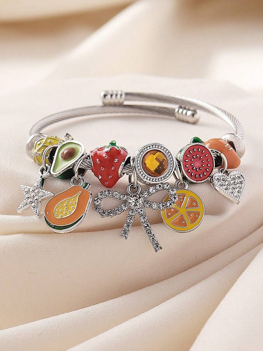 1件优雅油画蝴蝶结吊坠，草莓牛油果串珠不锈钢手链，西瓜菠萝可爱水果DIY手链，适合女性日常、约会、派对佩戴 - 彩色 - 查看 1