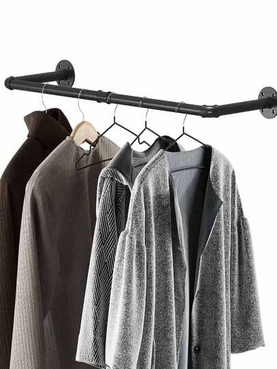 Perchero de ropa de hierro forjado negro, barra colgante de tuberías industriales para tienda de ropa, mueble de decoración del hogar, secado de ropa, perchero de sombreros, mueble de sala de estar, mueble de dormitorio, ideal para tiendas de ropa de centros comerciales, estantería de exhibición multiusos desmontable de metal de uso pesado montada en la pared.