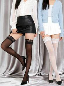 2 Pairs Lace Thigh High Socks, Suitable For Daily Commute, Party Performance, Non-Slip High Elasticity, Applicable For Daily Wear, Party, Performance, Gift - Multicolor - View 3