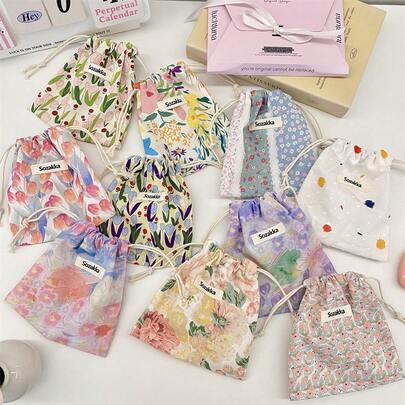 Túi dây rút họa tiết hoa đồng quê cho bé gái, túi đựng đồ dễ thương, quà tặng cho thiếu nữ, túi trang điểm mùa hè cho phụ nữ, túi mỹ phẩm kiểu Pháp, túi đựng đồ trang điểm cổ điển, túi du lịch đựng cọ trang điểm, sản phẩm chăm sóc da và sơn móng tay gel - Món quà hoàn hảo cho bé gái, bạn bè, sinh nhật, đám cưới, quà Giáng sinh, túi đựng đồ, du lịch.