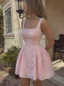 Vestido elegante de mujer con cuello cuadrado, cintura fruncida y falda acampanada en jacquard rosa, atuendo sexy y encantador para salidas románticas de verano - Rosa - Ver 2