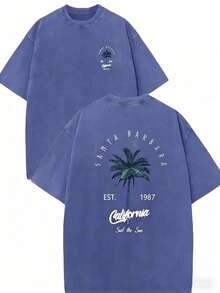 100% Cotton Double-Sided Santa Barbara Palm Tree Print Tee Unisex, Washed Short Sleeve Top, Y2K Streetwear Gift For Boyfriend Husband Daily Outfit - 藍色 - 查看 8