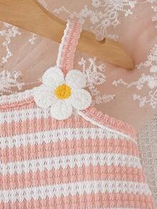 2pcs Baby Girl Vintage Pink Striped Spaghetti Strap Dress With Floral Decor Ruffle Hem & Adorable Bag Accessory Set - Pink - View 6