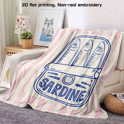 1pc Vintage Sardine Can Inspired Blue Striped Fish Print Flannel Blanket, 70*100cm/100*150cm/130*150cm Soft Throw Blanket For Home Decor, Pet, Nap, Office, Bed, Versatile Cozy Blanket For Bedroom, Living Room, Sofa
