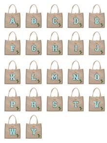 1 Pc Towel Embroidered Initials Pattern Handbag,Flower Printed Linen Handbag,Small Floral Linen Button Decorative Handbag,Simple Large-Capacity Handbag, Portable Casual Storage Tote Bag, Multifunctional Shopping Bag,New Design, Large Capacity, Ideal For Shopping, Shoulder Bag, Handbag, Lunch Bag - Multicolor - View 4