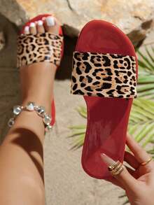 Women's Leopard Print Slip-On Comfortable Casual Fashion Red Flat Sandals, Lightweight Slippers For Summer - Leopard Print #2 - View 4