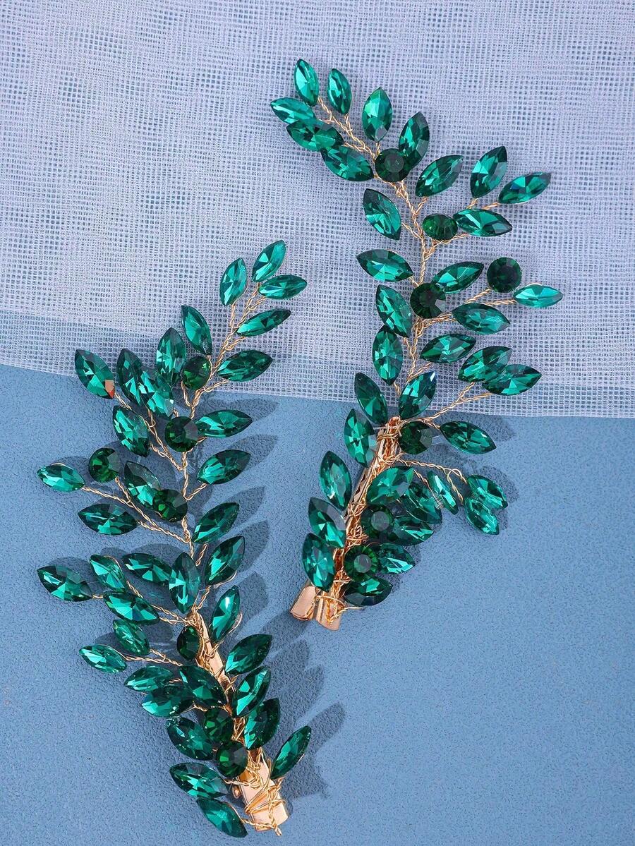 2pcs Women's Luxury Crystal Hair Clips, Romantic Purple Crystal & Vibrant Fuchsia Clips, Formal Dress Wedding Hair Accessories - Green - View 1