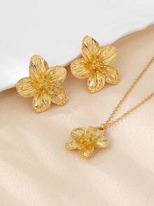 一套简约风格镀金五瓣花项链耳环首饰套装，适合女性日常佩戴、约会、聚会和旅行。 - 金黃色 - 查看 6