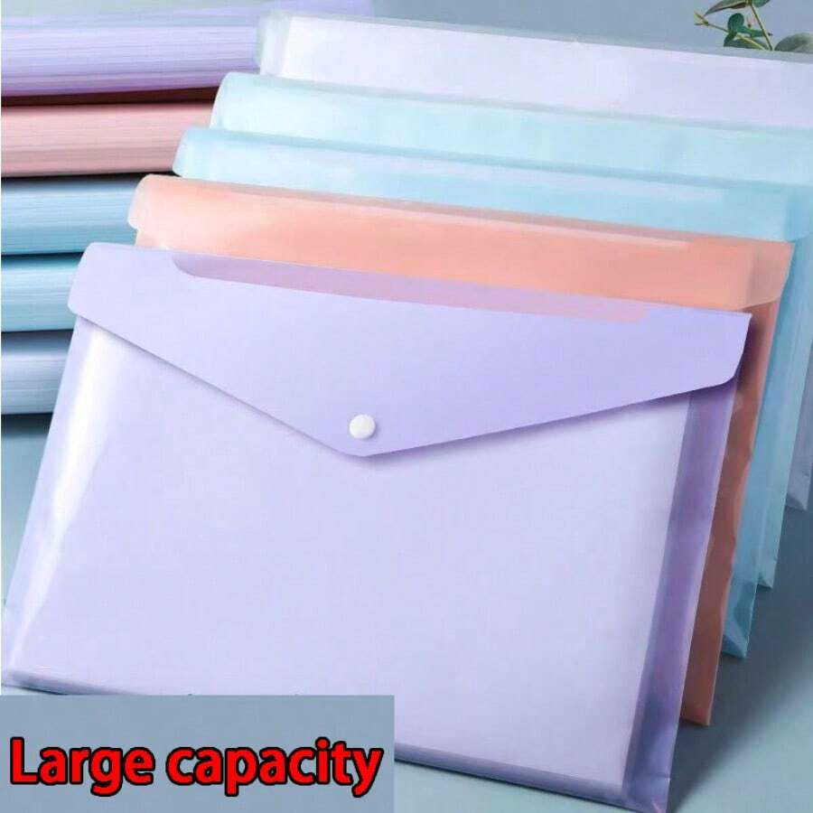 5pcs Thick A4 Clear Plastic Snap Button File Folders, Large Capacity Waterproof Document Bags, Business/Office/Student Supplies, Contract/Document/Archive Storage - Multicolor - View 1