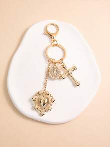 1pc Gold Plated Faux Diamond & Pearl Cross Keychain Pendant, Heart, Bow Knot, Figure Charm, Creative Keychain Decor Accessory - Ideal Birthday Gift, Party Favor, Holiday Present - Multicolor - View 4
