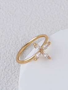 1 chiếc nhẫn hình cỏ bốn lá mạ vàng tinh tế, đính đá Cubic Zirconia cắt hình bầu dục - Trang sức nữ - Vàng - Xem 7