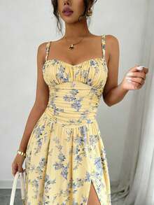 Floral Print Bohemian High Slit Zipper Front Dress, Suitable For Weddings, Spring/Summer Vacation Elegant - Pale Yellow - View 11