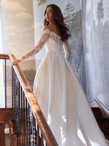 Off Shoulder Long Sleeve Satin Ball Gown Wedding Dress With Lace Sleeves And Train Vintage Elegant Bridal Gown For Indoor Wedding Christmas Halloween Prom Evening Party Birthday Celebration, Structured Satin Bodice With Ruched Waist Design Enhancing Body Proportion And Creating Defined Silhouette, Sheer Lace Long Sleeves Adding Vintage Inspired Detail And Soft Coverage For Seasonal Wear, Off Shoulder Neckline Offering Elegant Feminine Appeal And Balanced Shape, Smooth Satin Skirt Creating Full Volume With Graceful Movement And Extended Train For Ceremony Presence, Perfect For Vintage Weddings, Church Ceremonies, Autumn Winter Events, Featuring Classic Style, Elegant Texture, Refined Finish, Ideal For Brides Seeking Timeless Look With Lace Detail And Sophisticated Silhouette - 白色 - 查看 5