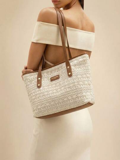 Glamine European American Campus Style Women Large Capacity Commuter Woven Bags Shoulder Bags, Crossbody Bags For Summer, Fashion Colorblock Totes Bags For Beach, Shopping, Casual Outing