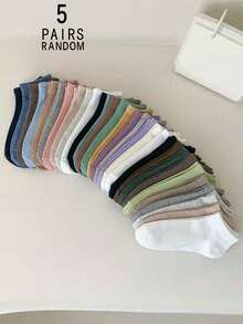 1/5/10/15/20 Pairs Random Solid Color Vertical Stripe Absorbent Soft Versatile Short Socks For Women - Multicolor - View 10