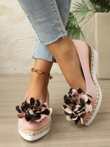Handmade 3D Floral Wedge Slip-On Shoes, Feminine Nature Style - Pink - View 3