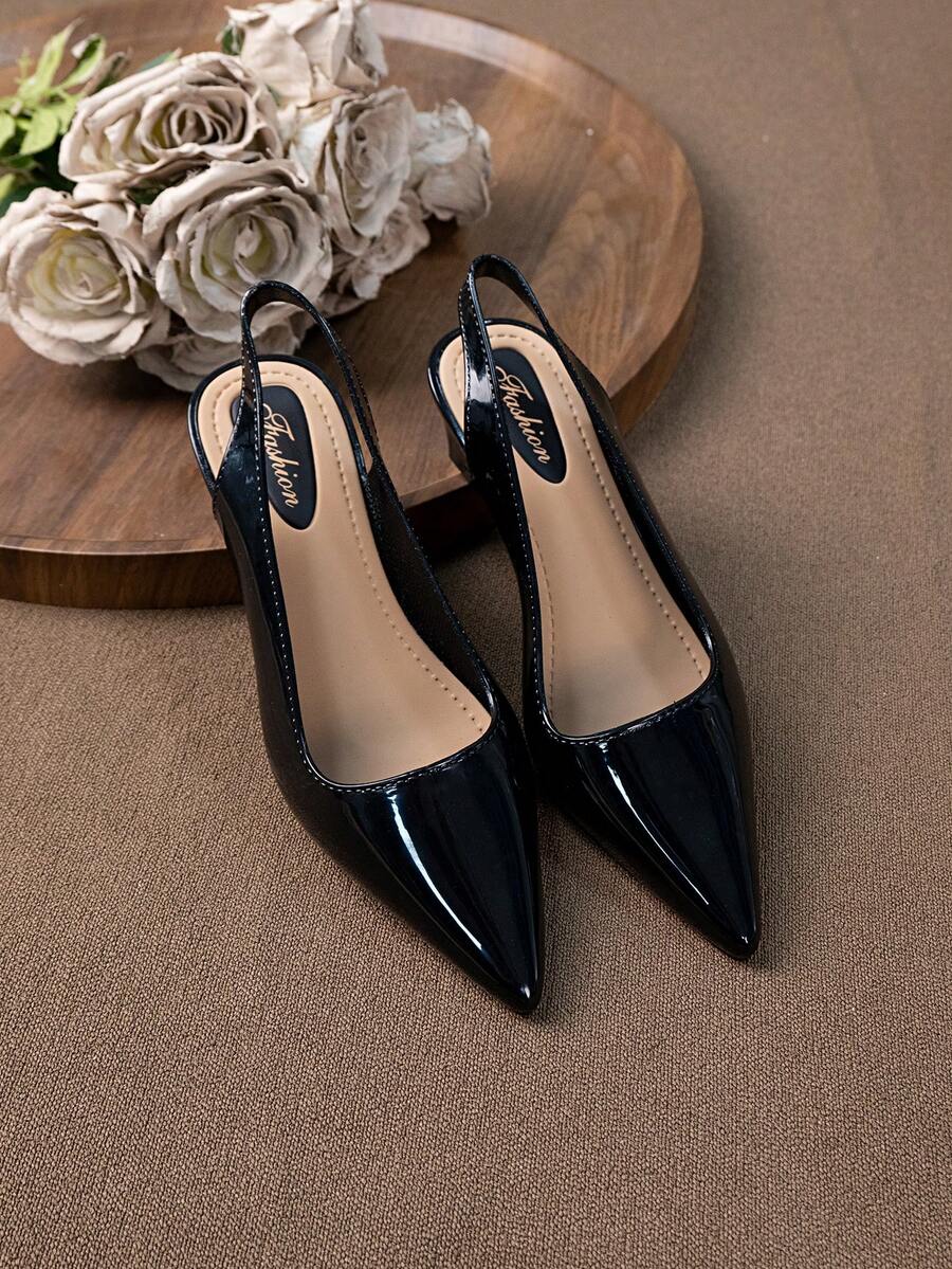 Pointed Toe Chunky Heel Sandals, Patent Leather Buckle Peep Toe Shoes, Elegant Chic French Style Commuting/Work/Versatile/Comfortable Low Heel Backstrap Peep Toe Sandals - Black - View 1