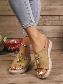 2026 New Fashion Tassel Thick Sole Slip-On Slippers, Comfortable Home Wear Sandals For Summer - Beige - View 5