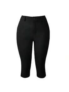 Women's Lightweight 7/8 Pants, Elegant Black Skort, Stretchy Slit Hem, Slim Fit Leggings, 7/8 Pants, Skinny Pants, Button & Zipper Design, Suitable For Summer/Autumn Casual, Outing, And Date Wear - màu đen - Xem 5