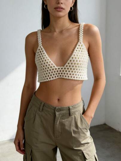 DEKUNER Top corto sin mangas con escote en V y decoración de perlas, estilo bohemio, perfecto para festivales, verano y atuendos de playa