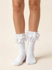 1 Pair White Sweet Lolita Ankle Socks With Double Lace Ruffle & Bowknot, Soft Cotton High Stretch, Frilly Princess Girly Style, Perfect For Lolita Fashion Cosplay Tea Party Daily Outfits - Multicolor - View 3