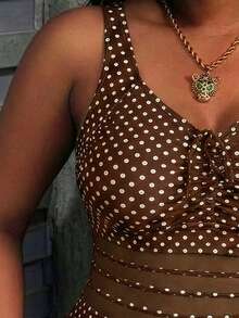 大码女式波点印花休闲沙滩度假系带连体泳衣夏季 - 棕色 - 查看 5