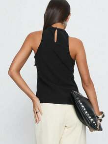 Elegant Fashion Crew Neck Mushroom Button Hollow Out Asymmetric Hem Women Tank Top, Spring/Summer New Casual Black - Black - View 3