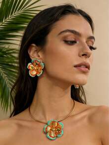 3pcs/Set Summer Fashion Bohemian Colorful Hollow Flower Necklace + Earrings Jewelry Set For Women, Suitable For Casual, Beach, Date, Party, Gift - Mint Green Orange - View 3