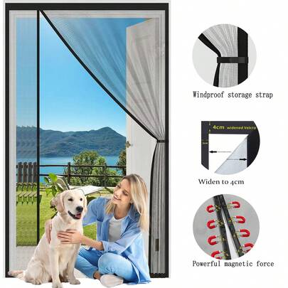 1pc Black Magnetic Mosquito Net Curtain, 2026 New High Shielding Hook And Loop No Drill Mosquito Net Curtain, Strong Magnetic Self-Adhesive Door Window Home Divider