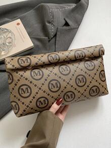 Letter Pattern All-Over Print Rolled Clutch, Minimalist, Fashion, Casual PU Letter Clutch, Envelope Bag - Brown - View 8